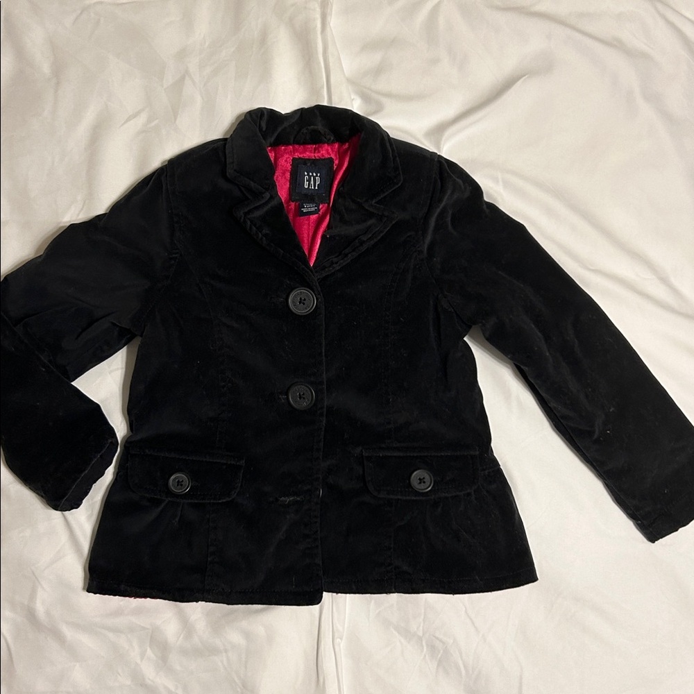 EUC BABY GAP GIRLS Black Pea Coat with Hot Pink Satin Lining, Size 5 TODDLER